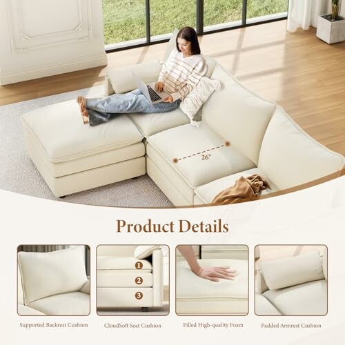 A woman relaxing on a large sectional sofa with product details.