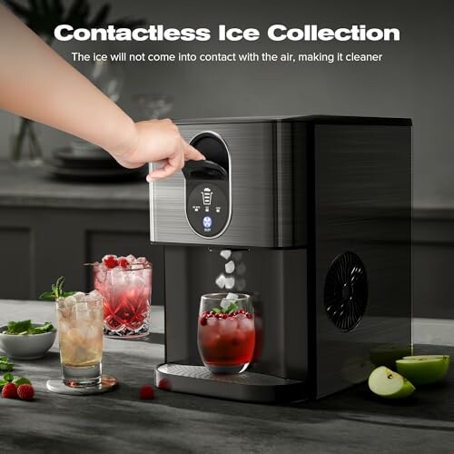 Contactless ice dispenser machine with drinks being prepared.