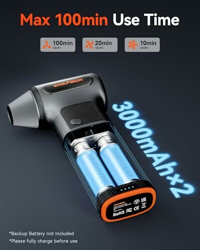 Cordless air pump showing 100min use time and battery capacity.