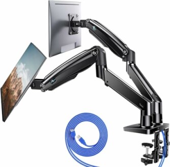 Dual monitor arm stand with cables.