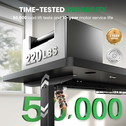 Desk lift mechanism with 220 lbs capacity and 50,000 lift tests.