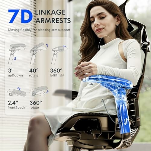 Woman sitting in an ergonomic chair with 7D linkage armrests shown in detail.