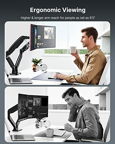 Two images showing ergonomic monitor arm setups for comfortable viewing.