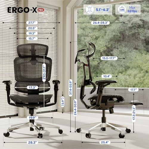 Ergonomic office chair with dimensions and adjustable features displayed.