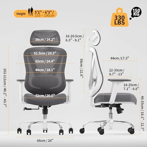 Ergonomic office chair with detailed dimensions and weight capacity.