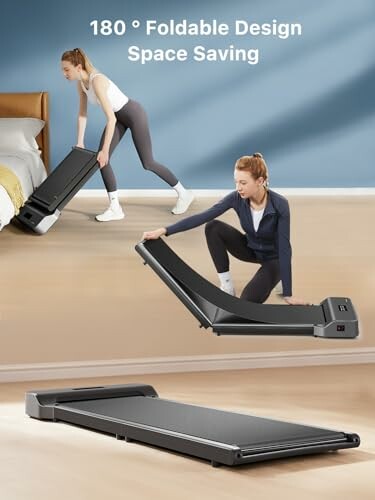 Woman folding a treadmill for space-saving storage.