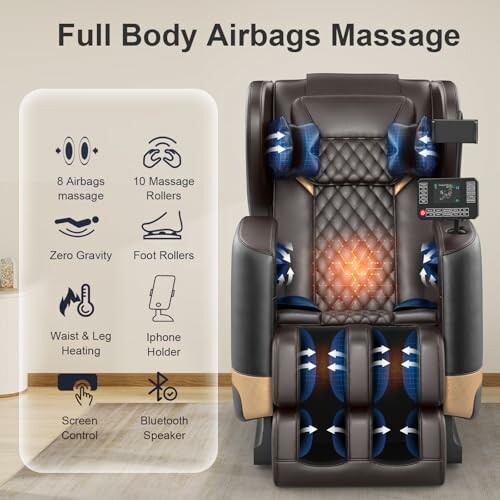 Full body massage chair with airbags and features like zero gravity, heating, and Bluetooth speaker.