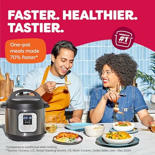 A man and woman enjoying food cooked with an Instant Pot, promoting faster and healthier meals.