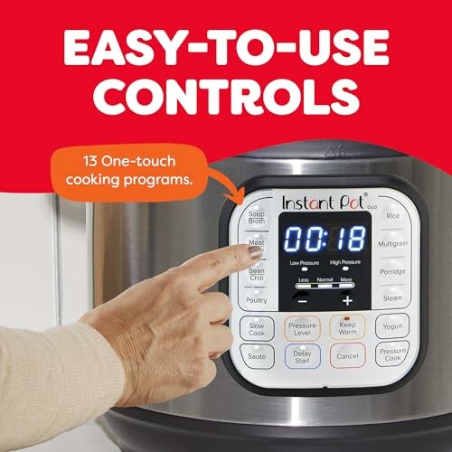 Person using Instant Pot with easy-to-use controls and one-touch cooking programs.