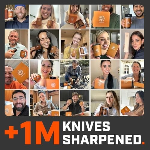 Collage of people holding knife sharpening products with text '+1M knives sharpened.'
