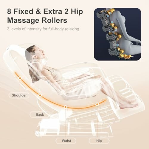 Diagram showing massage chair with 8 fixed and 2 hip massage rollers, highlighting shoulder, back, waist, and hip areas.