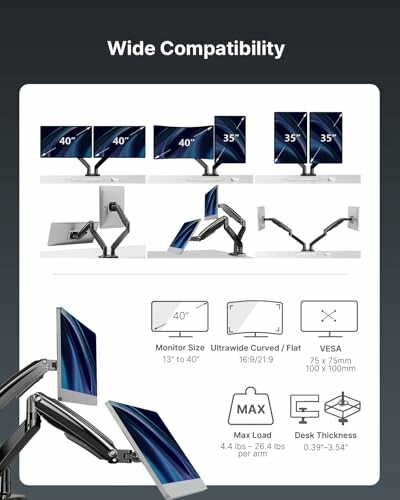 Monitor arm compatibility for different screen sizes and VESA standards.