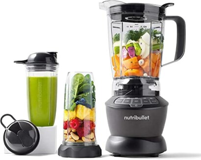 Nutribullet blender with jars and fresh ingredients