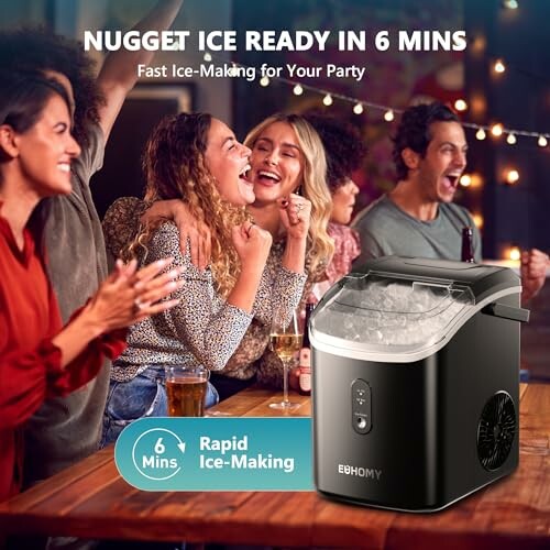 Group of friends enjoying a party with a portable ice maker on the table.