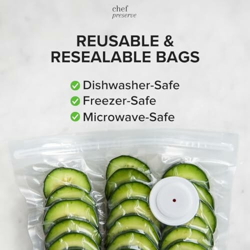 Sliced cucumbers in reusable resealable bag with safety features.