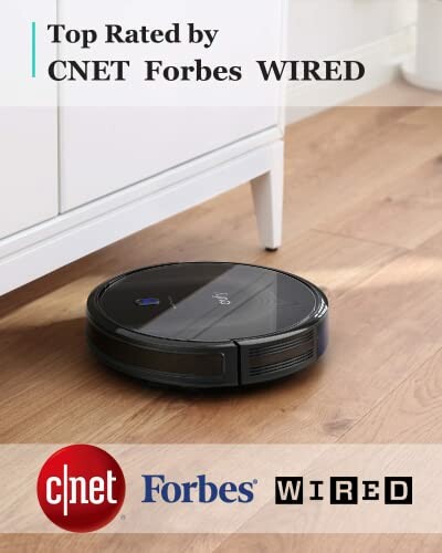 Robot vacuum cleaner on wooden floor with top ratings from CNET, Forbes, and Wired.