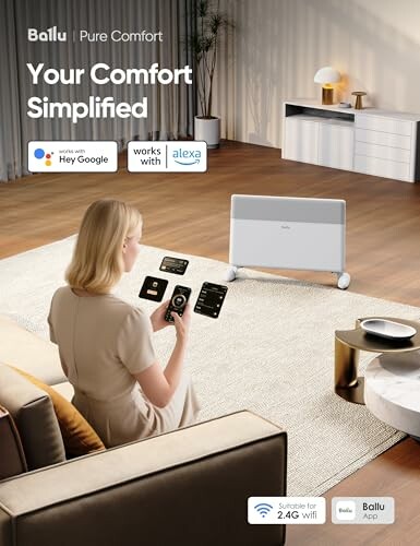 Woman using smartphone to control smart heater in modern living room.