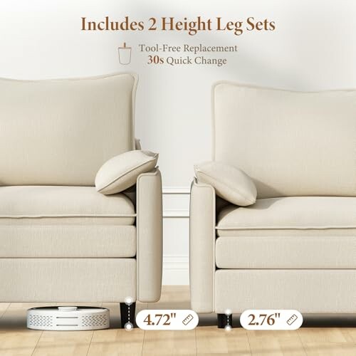 Two beige sofas with interchangeable leg heights, suitable for easy tool-free replacement.