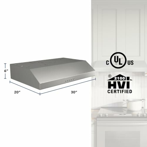 Stainless steel range hood with certifications and dimensions