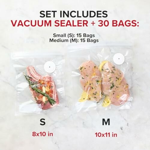 Vacuum sealer set with 30 bags, including small and medium sizes.